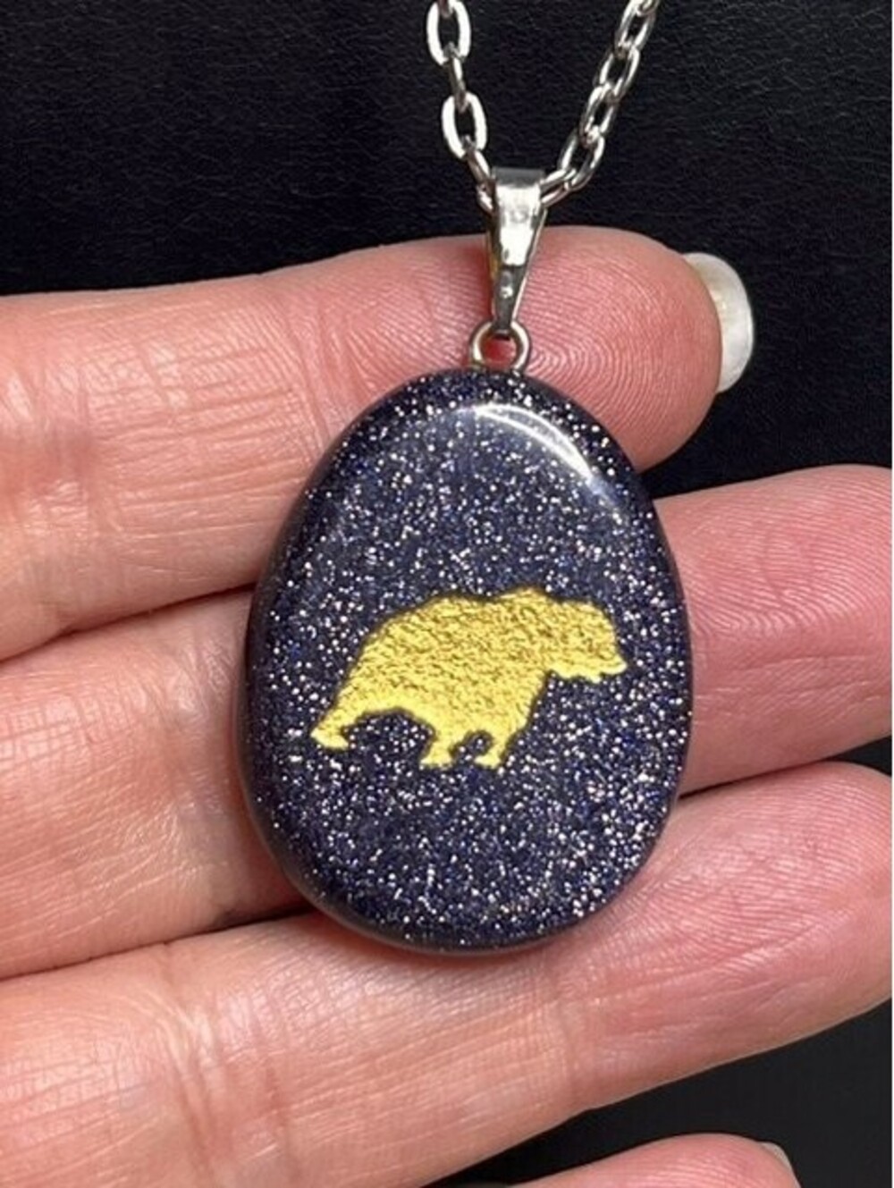 B6659 Blue Goldstone Pendant Necklace 24" Chain Gold Bear Charm Glitter Sparkle